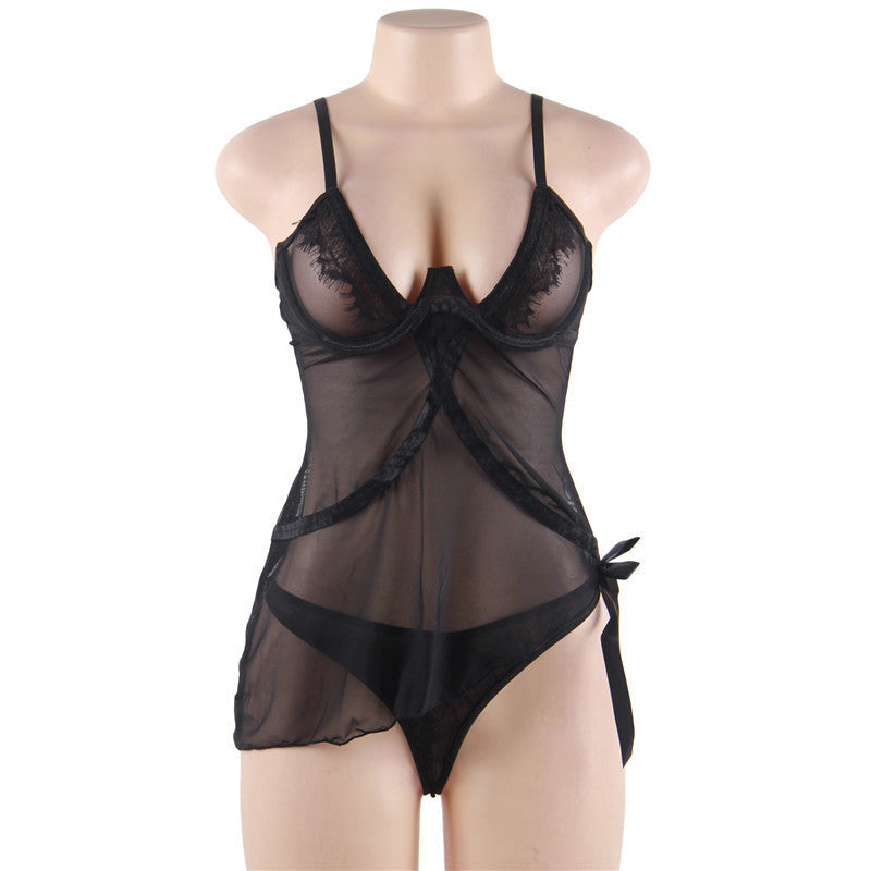 Large Size Sexy See-Through Lace See-Through Suspender Nightdress - Li - BBCxMaster - Large Size Sexy See-Through Lace See-Through Suspender Nightdress - Li - Black / M - BBCxMaster