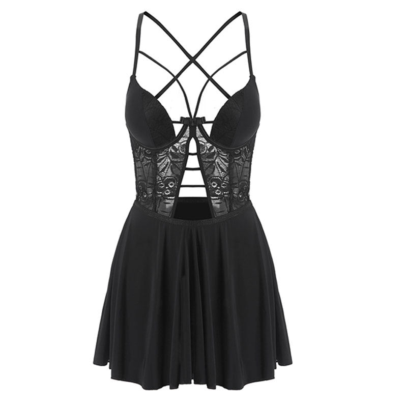 Deep V Hollow Tied Sexy Nightdress Mesh Yarn Sling Erotic Suit