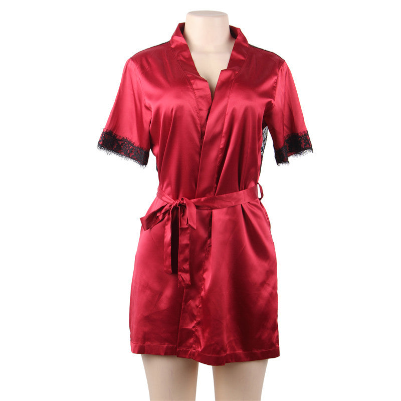 Sexy Lace Short Sleeve Deep V Nightdress Robe