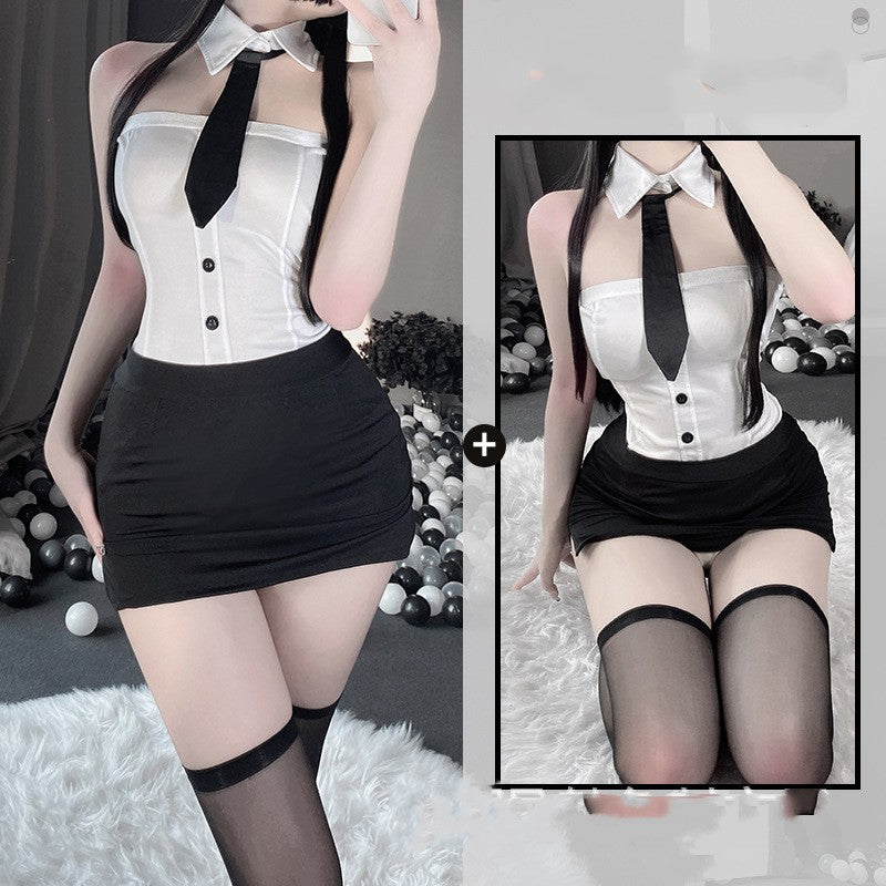 Sexy Underwear Milk Silk One-Piece Wipe Chest Secretary Suit Sexy - BBCxMaster - Sexy Underwear Milk Silk One-Piece Wipe Chest Secretary Suit Sexy - White and black dress - BBCxMaster