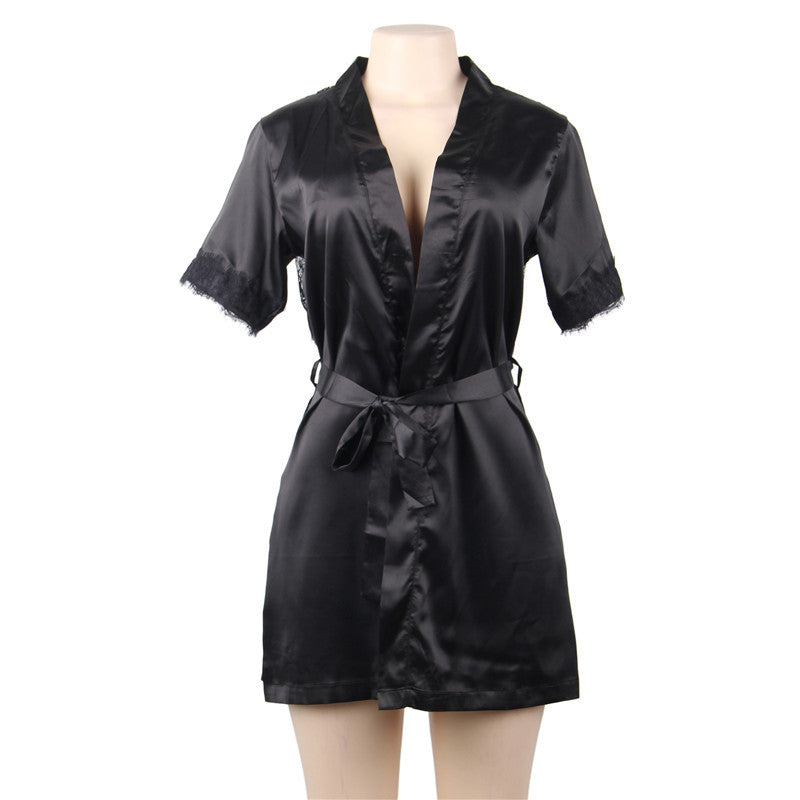 Sexy Lace Short Sleeve Deep V Nightdress Robe