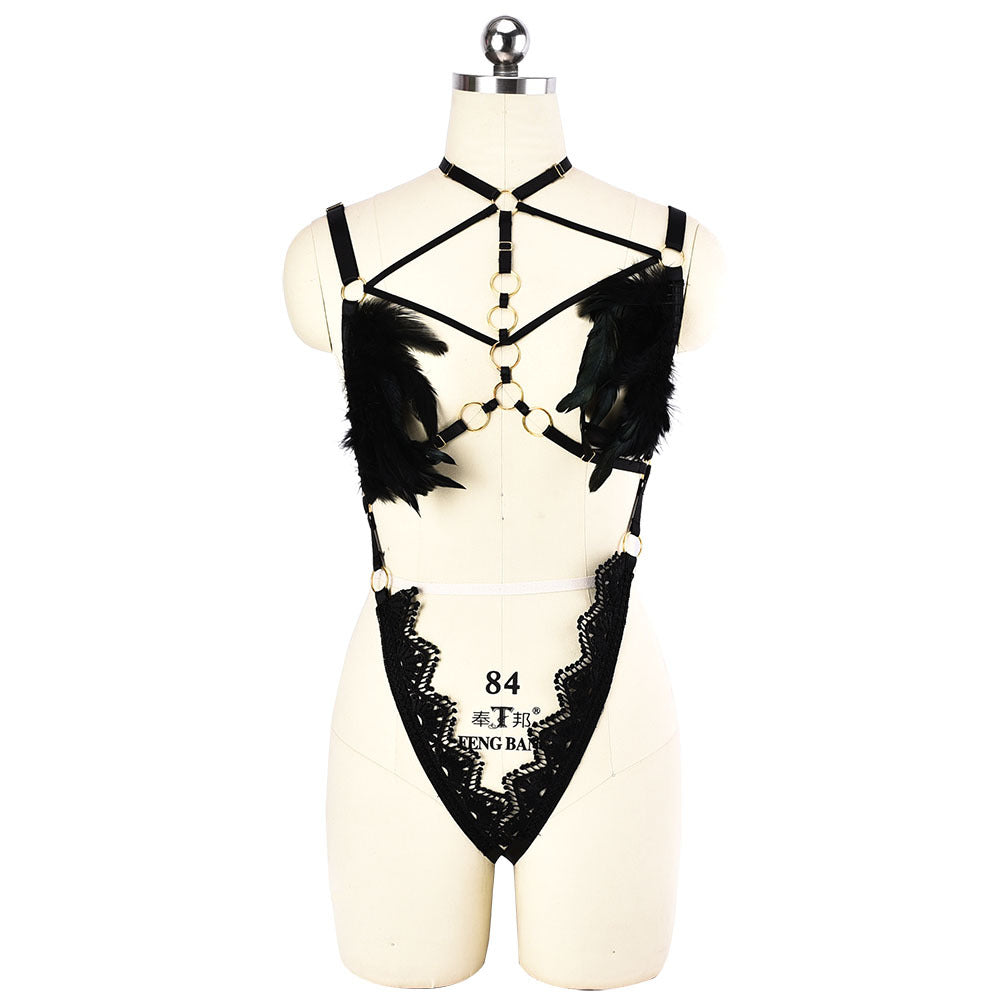 Women's Harness Underwear Feather Lace Cutout Set - BBCxMaster - Women's Harness Underwear Feather Lace Cutout Set - Black / A - BBCxMaster