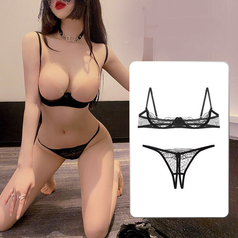 Women's Fashion Half-support Hollow Bra Embroidery Set