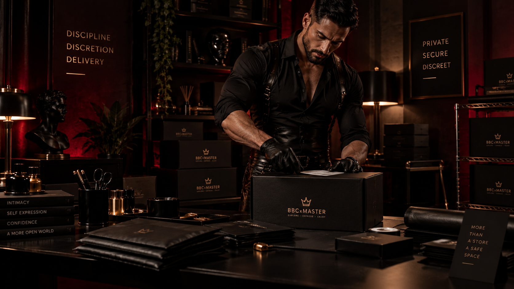 Luxury black parcel being prepared for discreet shipping in a dark studio with warm champagne lighting